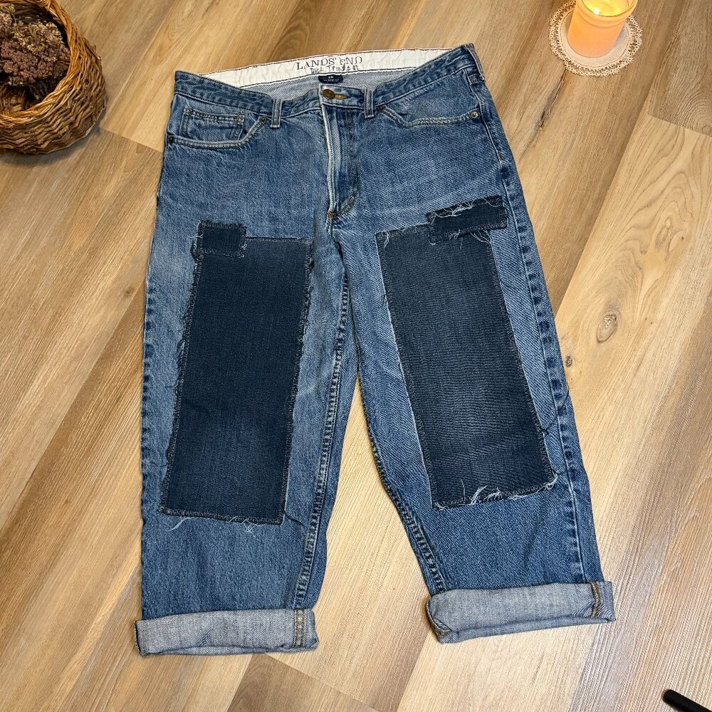 Upcycled Boyfriend Jeans, Relaxed Fit Patchwork Denim with Visible Mending